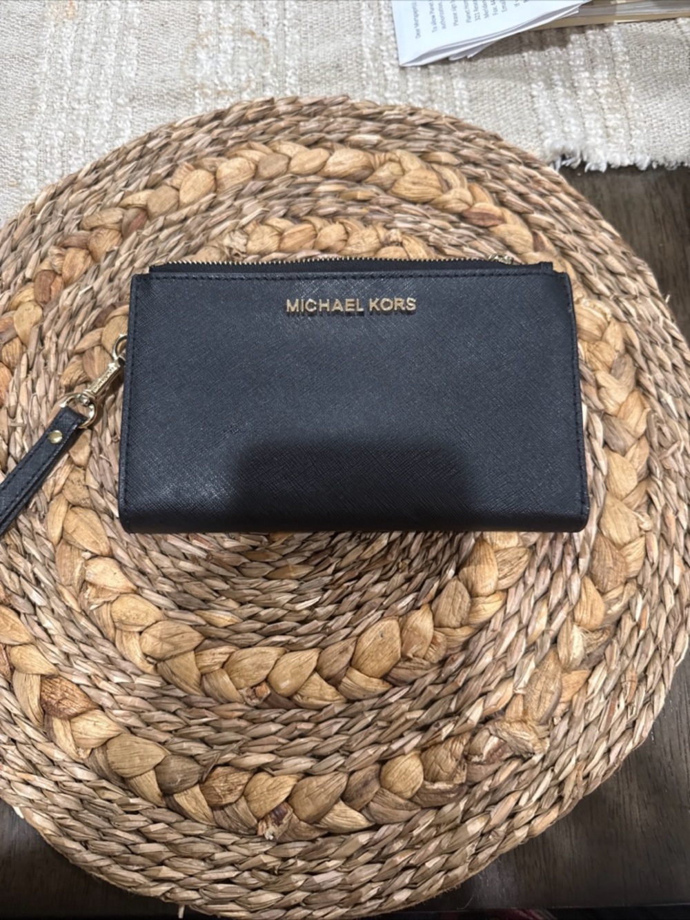 Michael Kors Black Leather Wristlet with Gold Hardware
